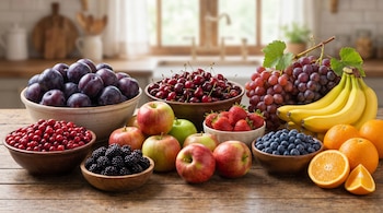 Gran variedad de frutas frescas y coloridas en cuencos y dispuestas sobre una mesa de madera, como ciruelas, cerezas, arándanos, moras, manzanas, uvas y cítricos.