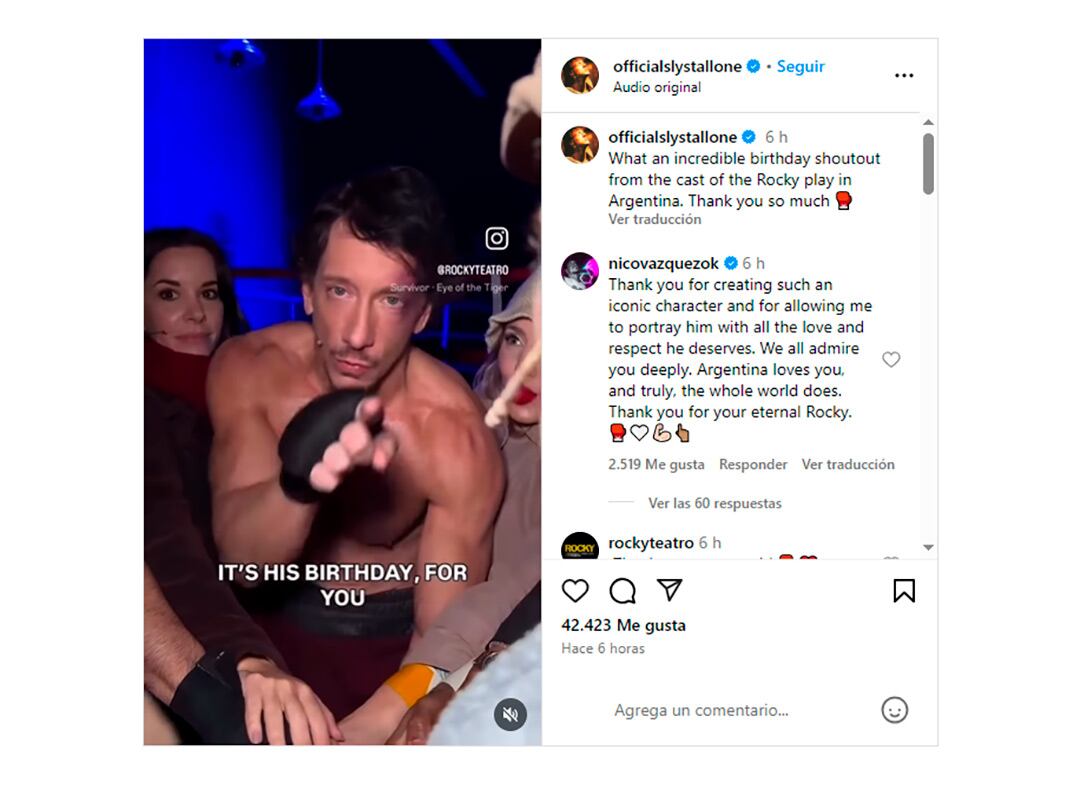 Sylvester Stallone agradeció en redes sociales el saludo de cumpleaños y el tributo realizado por el elenco argentino de Rocky