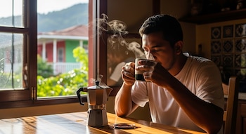 Un hombre en camiseta blanca bebe café humeante de una taza. Una cafetera moka está sobre la mesa de madera, con una ventana al fondo que da a casas y vegetación.