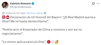 El periodista especializado en mercado de pases, Fabrizio Romano, sobre la imposibilidad de que Luis Díaz salga del Bayern Múncih - crédito @fabrizioromano/X