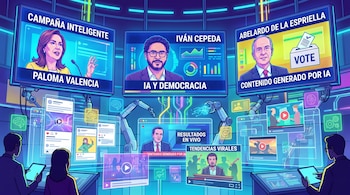 Arte digital de sala de control con pantallas de Paloma Valencia, Iván Cepeda y Abelardo de la Espriella. Operadores monitorean proyecciones de IA para redes.