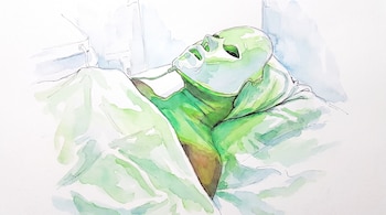Ilustración de una persona tumbada en una cama con una máscara facial verde y un tubo, con un fondo claro en estilo acuarela.