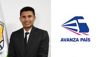 Fotografía de un hombre con traje oscuro y corbata junto al logotipo del partido Avanza País, que incluye un tren azul