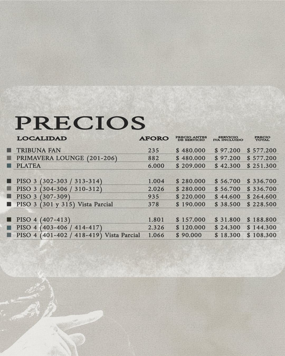 Las boletas van desde $108.300 en zonas de vista parcial del Piso 4 hasta $577.200 en Tribuna Fan y Primavera Lounge, cargos de servicio incluidos - crédito Breakfast Live