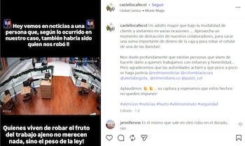 Según la tienda Castelo Café, el adulto mayor aprovechaba distracciones de los empleados para sustraer dinero y un teléfono móvil - crédito @castellocafecol/Instagram