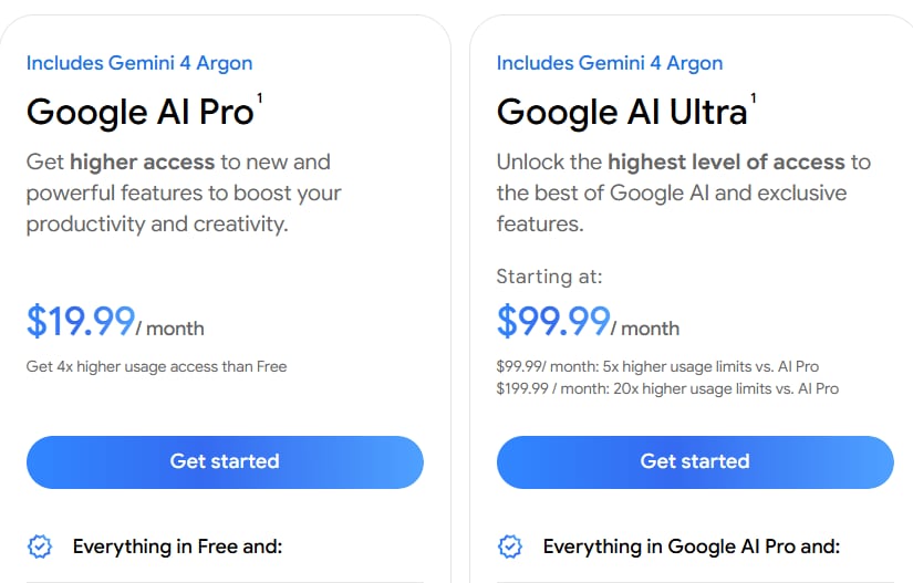 Google AI Pro cuesta 19,99 dólares al mes y otorga acceso a Gemini 4 Argon.(Captura Gemini)