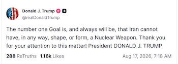Trump posteó en su red social que "El objetivo número es, y siempre será, que Irán no pueda tener de ninguna manera un arma nuclear" (Captura Truth Social)