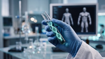 Mano enguantada sostiene tubo de ensayo con hélice de ADN. Fondo con material de laboratorio y monitor con imágenes de cuerpos humanos.