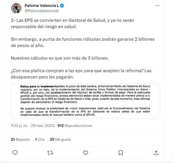 Paloma Valencia habla del presunto dinero que le darían a las EPS para apoyar la reforma a la salud - crédito @PalomaValenciaL