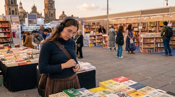 Una joven con auriculares y anteojos observa libros sobre una mesa en un evento al aire libre con la catedral al fondo.