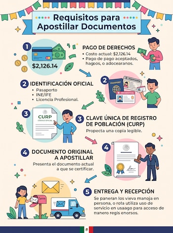 Infografía con cinco pasos ilustrados sobre fondo claro con el título Requisitos para Apostillar Documentos y una bandera de México al pie