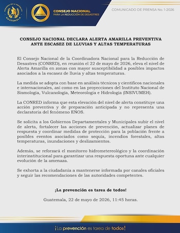 Captura de pantalla de un documento oficial de CONRED en español, anunciando una alerta amarilla preventiva en Guatemala por sequía y calor intenso