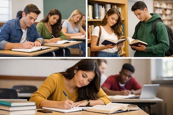 Collage de estudiantes universitarios. Jóvenes escriben en cuadernos en aulas y otros leen libros de pie junto a estanterías en una biblioteca.