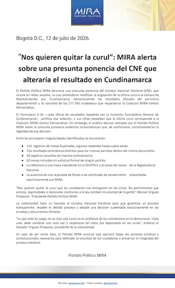 Mira denunció inconsistencias en la presunta ponencia, con 114 mesas duplicadas, 26 registros contradictorios y 62 mesas incluidas sin solicitud formal - crédito @PartidoMIRA / X