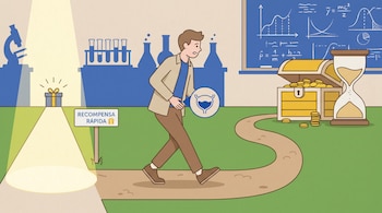Ilustración de persona con vejiga resaltada, caminando por sendero largo hacia cofre tesoro. A la izquierda, atajo a 'Recompensa Rápida'. Fondo: laboratorio.