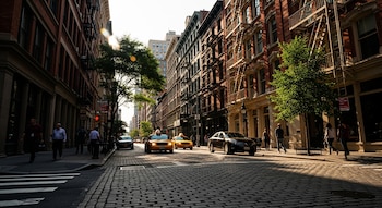 Calle empedrada de Tribeca con edificios de ladrillo a ambos lados, peatones en las aceras, taxis amarillos y coches circulando bajo la luz del sol de la tarde.