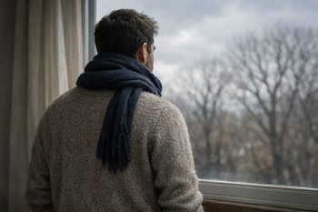 Un hombre de espaldas, con suéter tejido beige y bufanda azul, mira por una ventana de marco blanco; fuera se ven árboles sin hojas bajo un cielo nublado y gris.