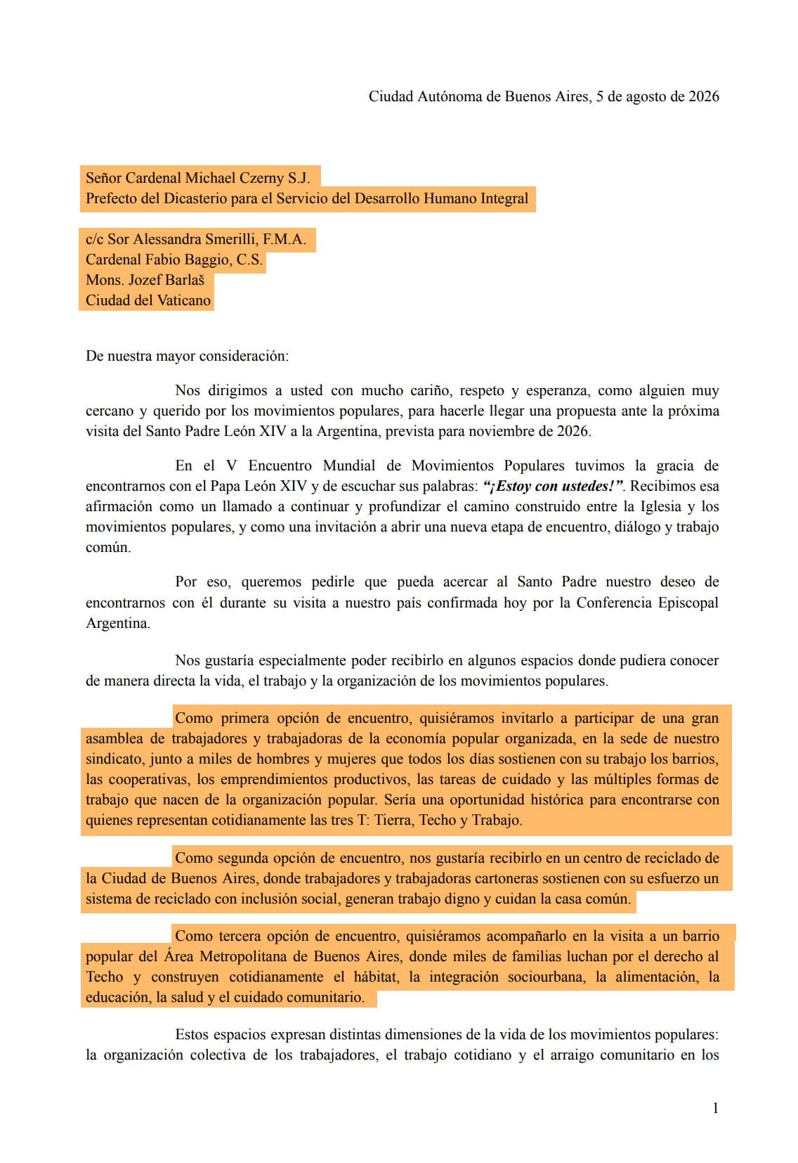 La primera página de la carta que la UTEP y los cartoneros enviaron al Vaticano