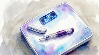 Ilustración acuarelada vibrante de una balanza digital que muestra 68.5 kg, con una pluma inyectora de medicación en púrpura y plata sobre un fondo neutro.