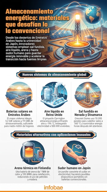 Infografía con seis ilustraciones de sistemas de almacenamiento de energía renovable: baterías solares, aire líquido, sal fundida, arena térmica y un parche de sudor humano.