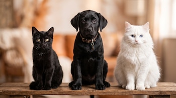 Un gato negro, un cachorro de labrador negro con collar y un gato blanco de pelo largo sentados en fila sobre un banco de madera.