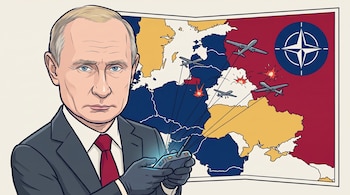 Caricatura de Vladimir Putin sosteniendo un control remoto frente a un mapa de Europa con drones militares y el logotipo de la OTAN.
