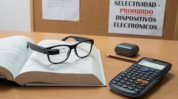 Mesa con libro abierto, gafas inteligentes negras, lápiz, estuche gris de 'Nano Earbuds' y calculadora Casio. Al fondo, un cartel de 'PROHIBIDO DISPOSITIVOS ELECTRÓNICOS'.