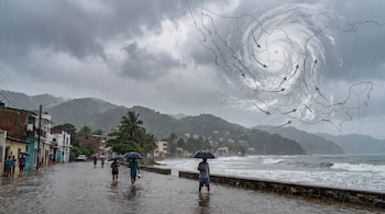 Personas con paraguas caminan por una calle costera inundada bajo la lluvia; un mapa de México con un sistema meteorológico superpuesto en el cielo gris.