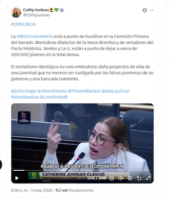 Catherine Juvinao señaló a senadores del Pacto Histórico, Alianza Verde y La U de dejar a cerca de 300.000 jóvenes en la total deriva - crédito @CathyJuvinao/X