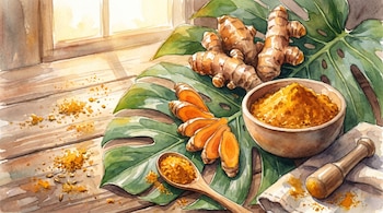 Ilustración acuarela de raíces de cúrcuma, rodajas, polvo en cuenco y cuchara, sobre mesa de madera con hoja verde, iluminado por una ventana.
