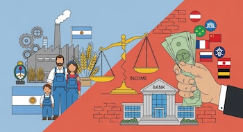 Ilustración dividida: izquierda, familia, fábrica, trigo, escudo y bandera argentinos; derecha, banco, mano con billetes, banderas y logos extranjeros. Balanza rota central.