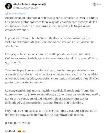 Abelardo de la Espriella informó que sostuvo una conversación telefónica de diez minutos con el presidente de Estados Unidos, Donald Trump, durante la cual abordaron la situación que enfrenta Colombia tras el terremoto del 10 de agosto de 2026 - crédito @ABDELAESPRIELLA/X