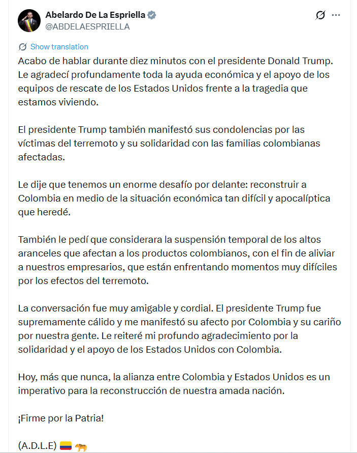 Abelardo de la Espriella informó que sostuvo una conversación telefónica de diez minutos con el presidente de Estados Unidos, Donald Trump, durante la cual abordaron la situación que enfrenta Colombia tras el terremoto del 10 de agosto de 2026 - crédito @ABDELAESPRIELLA/X
