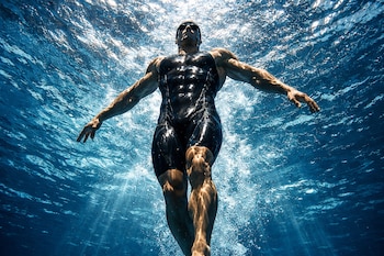 Un nadador con traje de baño negro y gafas de natación es visto desde abajo, flotando bajo la superficie del agua con los brazos extendidos.