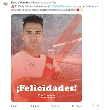 El delantero colombiano Radamel Falcao García está de cumpleaños y su club, Rayo Vallecano, lo felicitó - crédito Rayo Vallecano / X