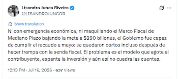 Lisandro Junco criticó al Gobierno por las cifras fiscales - crédito @LISANDROJUNCOR/X