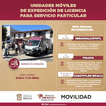 El gobierno del Edomex pondrá a disposición distintas unidades móviles para tramitar la licencia de conducir (@SEMOV_Edomex)