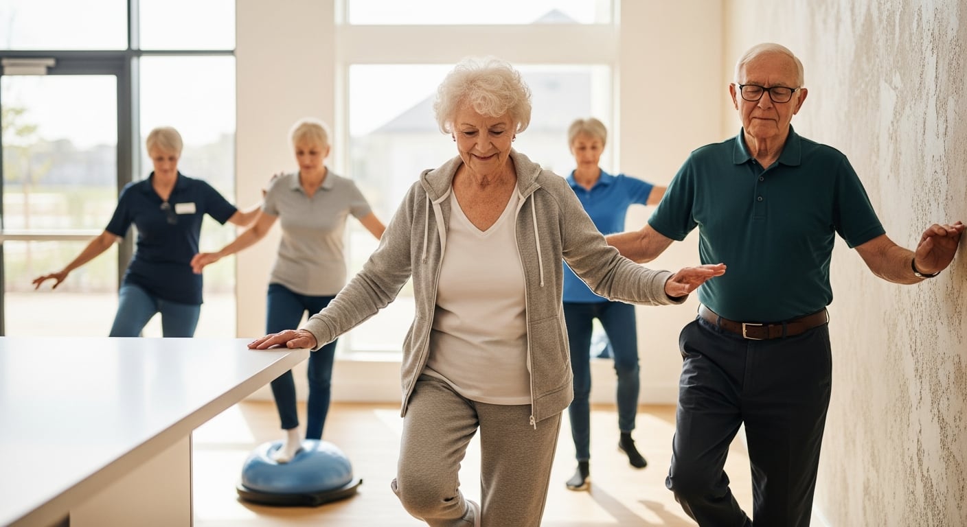 Un grupo de adultos mayores realiza ejercicios de equilibrio bajo la supervisión de una instructora en un centro de rehabilitación físico. La actividad fomenta la salud y la movilidad en un ambiente luminoso y positivo. (Imagen Ilustrativa Infobae)
