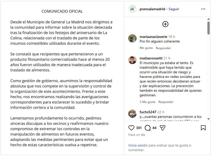 La Municipalidad de General La Madrid, a cargo del intendente Martín Randazzo de la Unión Cívica Radical, emitió un comunicado oficial en el que pidió disculpas públicas y anunció averiguaciones internas para esclarecer lo sucedido