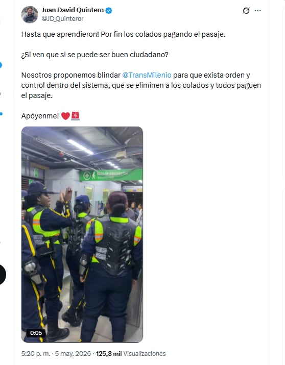 El concejal Juan David Quintero reveló que colados en TransMilenio tuvieron que pagar el pasaje - crédito @JD_Quinteror/X