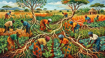 Ilustración de agricultores africanos, hombres y mujeres, cultivando campos coloridos. Raíces luminosas conectan las parcelas. Fondo rural con chozas y árboles.