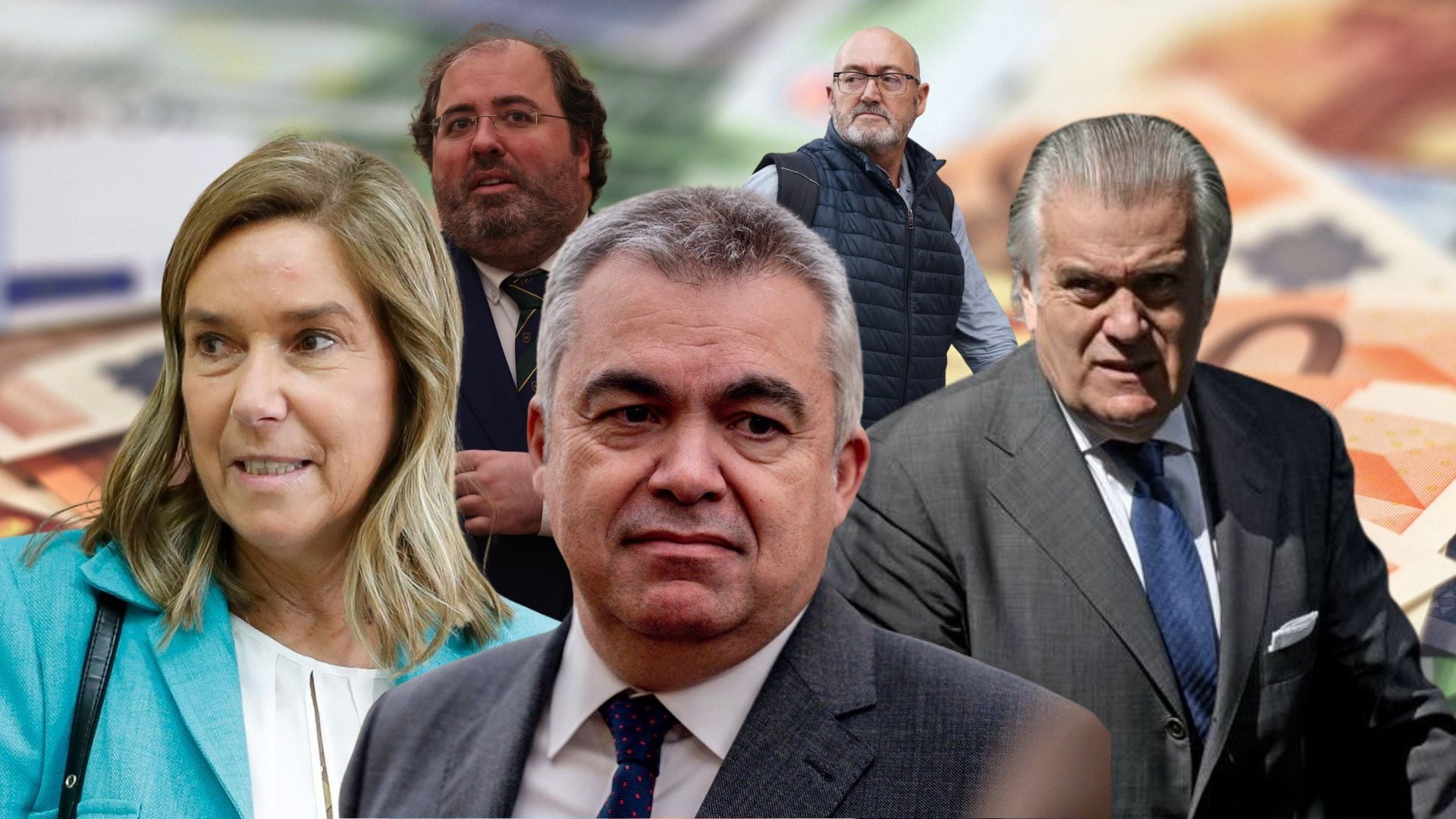 Montaje con algunos de los exparlamentarios cercados por corrupción que pidieron la indemnización tras dejar su acta: Ana Mato, Santos Cerdán, Luis Bárcenas, Alberto Casero y Juan Bernardo Fuentes Curbelo. (Noelia Tabanera)