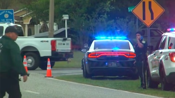 Coche de policía con luces azules y rojas encendidas, junto a un oficial de la ley hablando por teléfono y conos de tráfico en una carretera