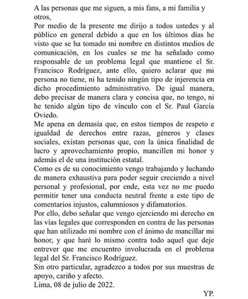 Yahaira Plasencia y su comunicado.