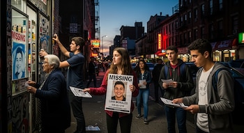 Varias personas distribuyen y pegan carteles con la foto de un adolescente desaparecido, Liam Morales, en una calle con edificios al anochecer.