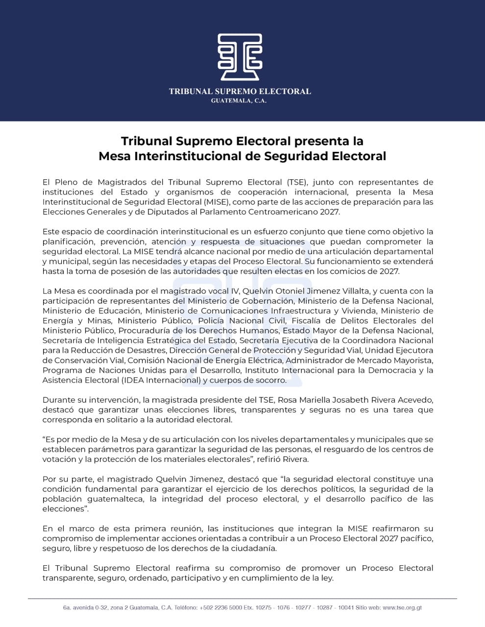Integrantes de la Mesa Interinstitucional de Seguridad Electoral participan en una sesión de trabajo convocada por el Tribunal Supremo Electoral de Guatemala. (Tribunal Supremo Electoral de Guatemala)