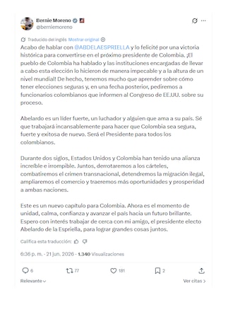Bernie Moreno sobre el triunfo de Abelardo de la Espriella