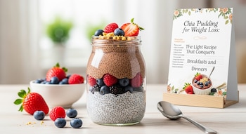 Tarro de cristal con pudín de chía blanco y de chocolate, frutos rojos variados (frambuesas, arándanos, moras, fresas) en capas. Al lado, una tarjeta de receta y una cuchara.