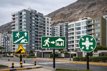 Edificios modernos al pie de una colina rocosa, señales verdes de evacuación y una señal amarilla de peligro de desprendimiento en una calle.