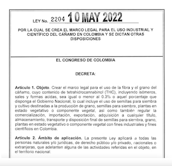 Ley 2204 de 2022, que busca reglamentar el cáñamo en Colombia